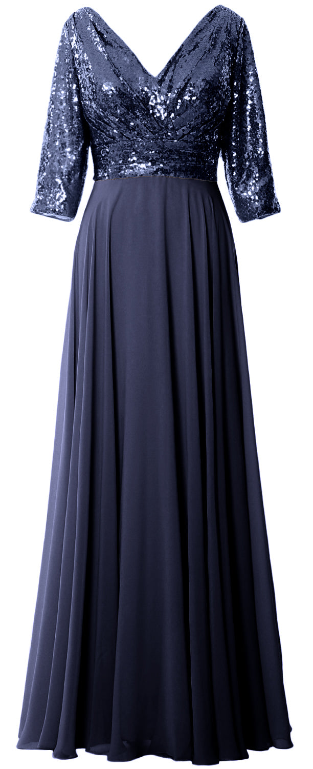 MACloth Damen Maxikleid mit langen Ärmeln und V-Ausschnitt und Pailletten