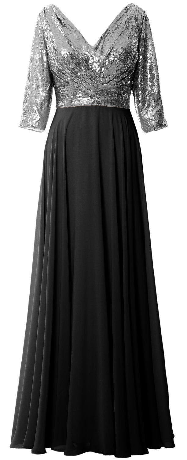 MACloth Damen Maxikleid mit langen Ärmeln und V-Ausschnitt und Pailletten