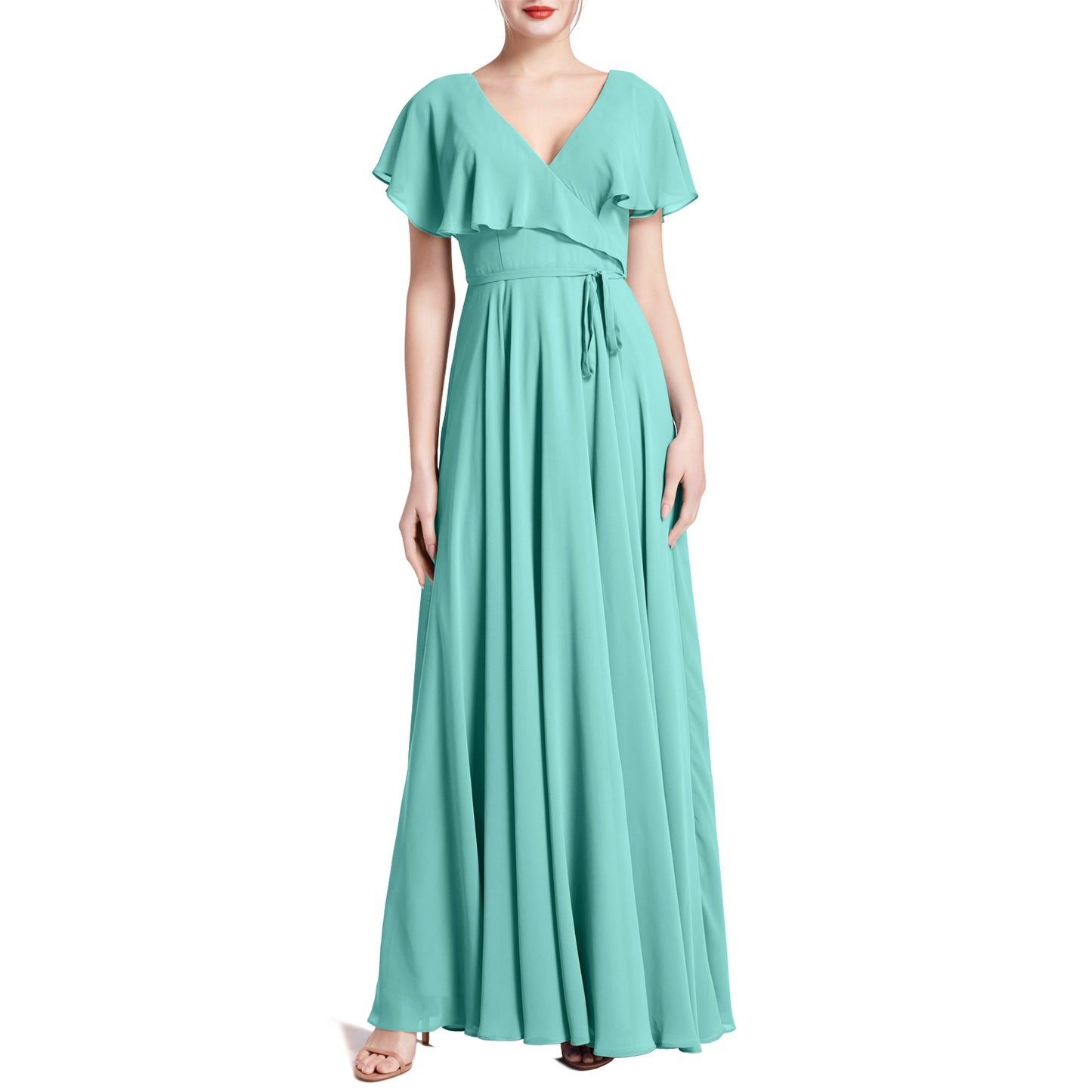 MACloth Women V Neck Ruffle BatWing Short Sleeve Maxi Wedding Bridesmaid Dresses
