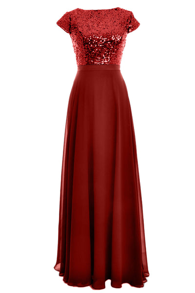 MACloth Women Cap Sleeve Sequin Long Birdesmaid Dress Wedding Party Formal Gown