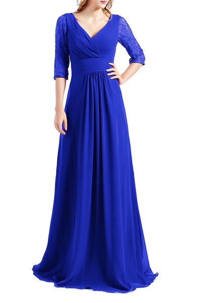 MACloth Women Half Sleeve V Neck Lace Long Wedding Party Bridesmaid Mother Dress