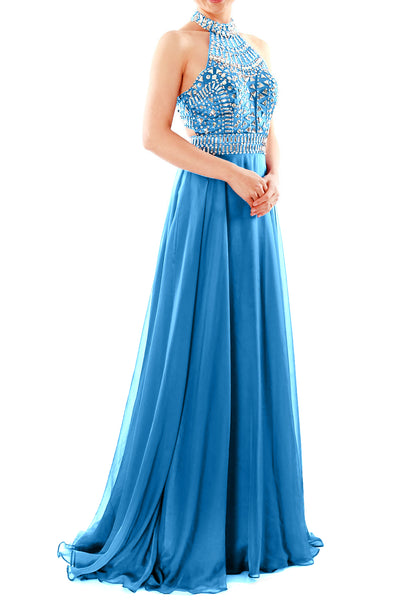 MACloth Women Halter High Neck Sleeveless Long Prom Party Dress Evening Gown