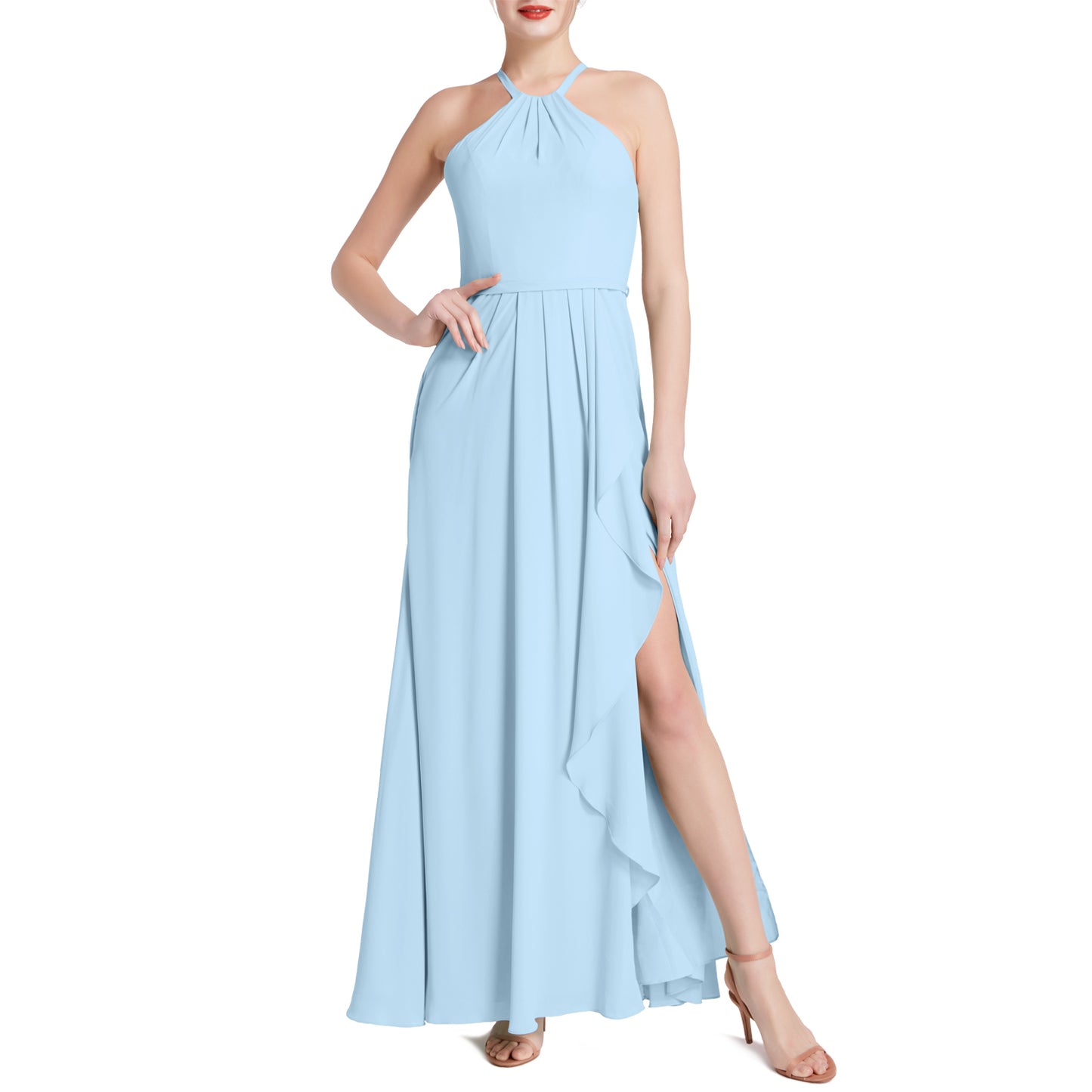 MACloth Damen Neckholder Langes Maxikleid für Hochzeit, Party, Brautjungfern, mit drapiertem Schlitz