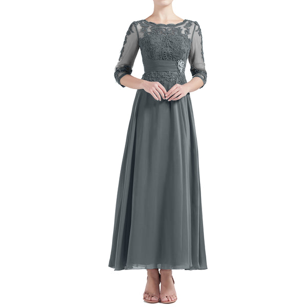 MACloth Women Tea Length 3/4 Sleeve Boat Neck Mother Bride Dresses Bridal Party
