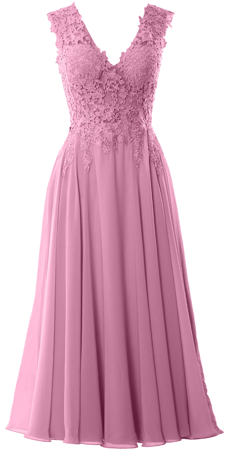 MACloth Women V Neck Lace Mother Bride Dresses Midi Tea Length Wedding Dinner