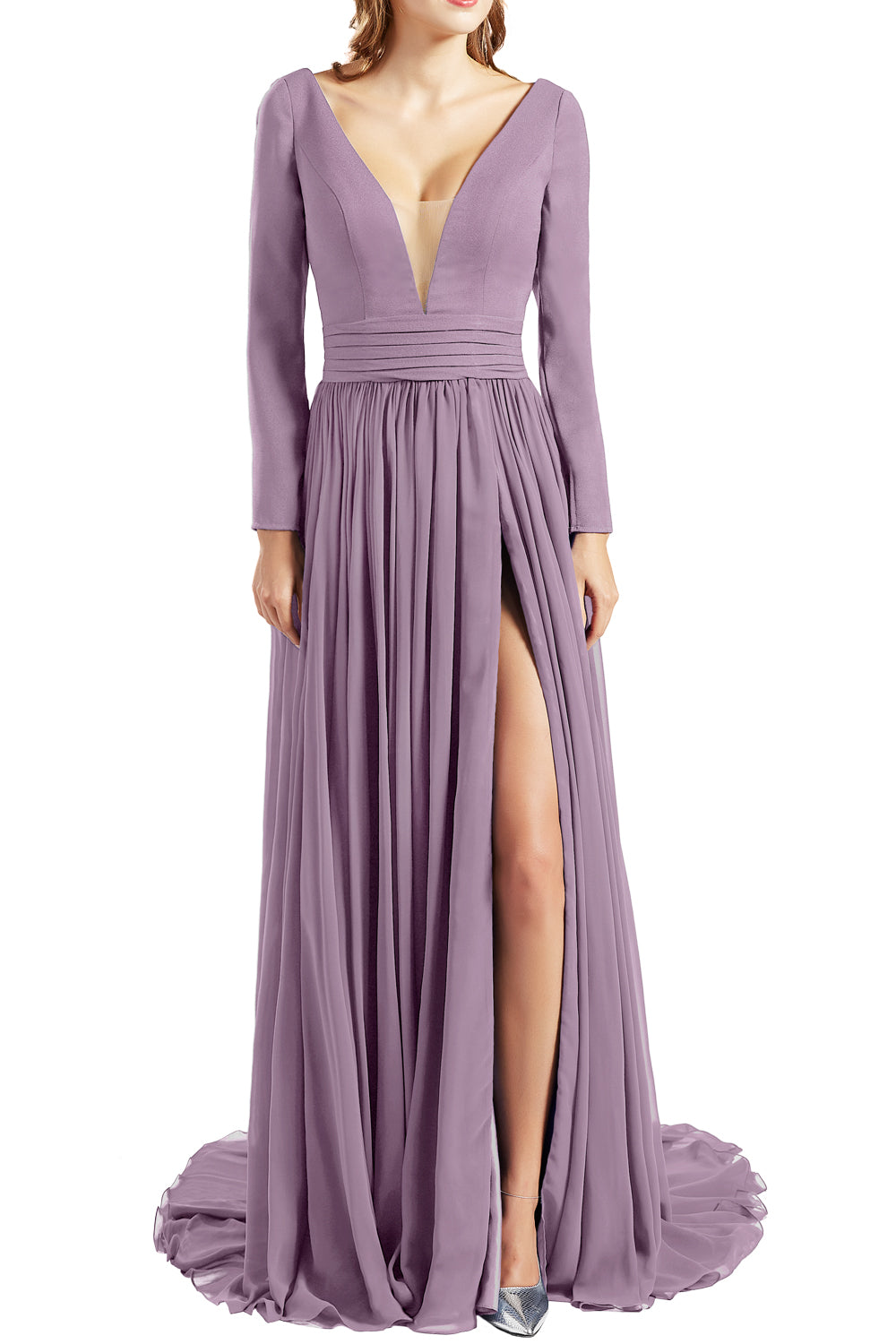 MACloth Women Plunging V Neck Long Sleeves Prom Dresses formal Evening Gown Slit