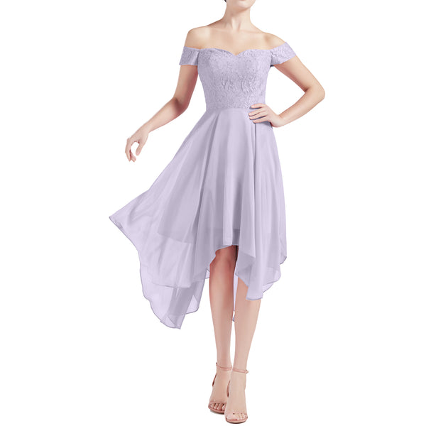 MACloth Women Hi Lo Off Shoulder Lace Beaded Wedding Bridesmaid Dresses MoH