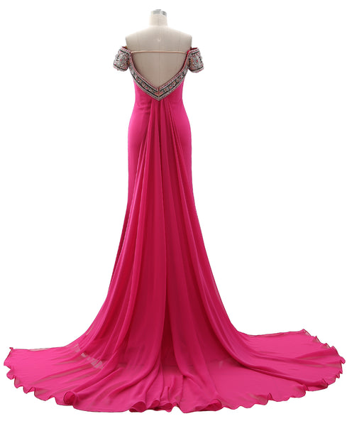 MACloth Women Off the Shoulder Beaded Prom Dress Sheath Formal Evening Gown