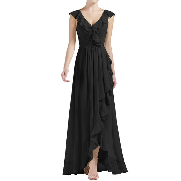MACloth Women V Neck Ruffle Cap Sleeve Hi-Lo Long Wedding Bridesmaid Dresses