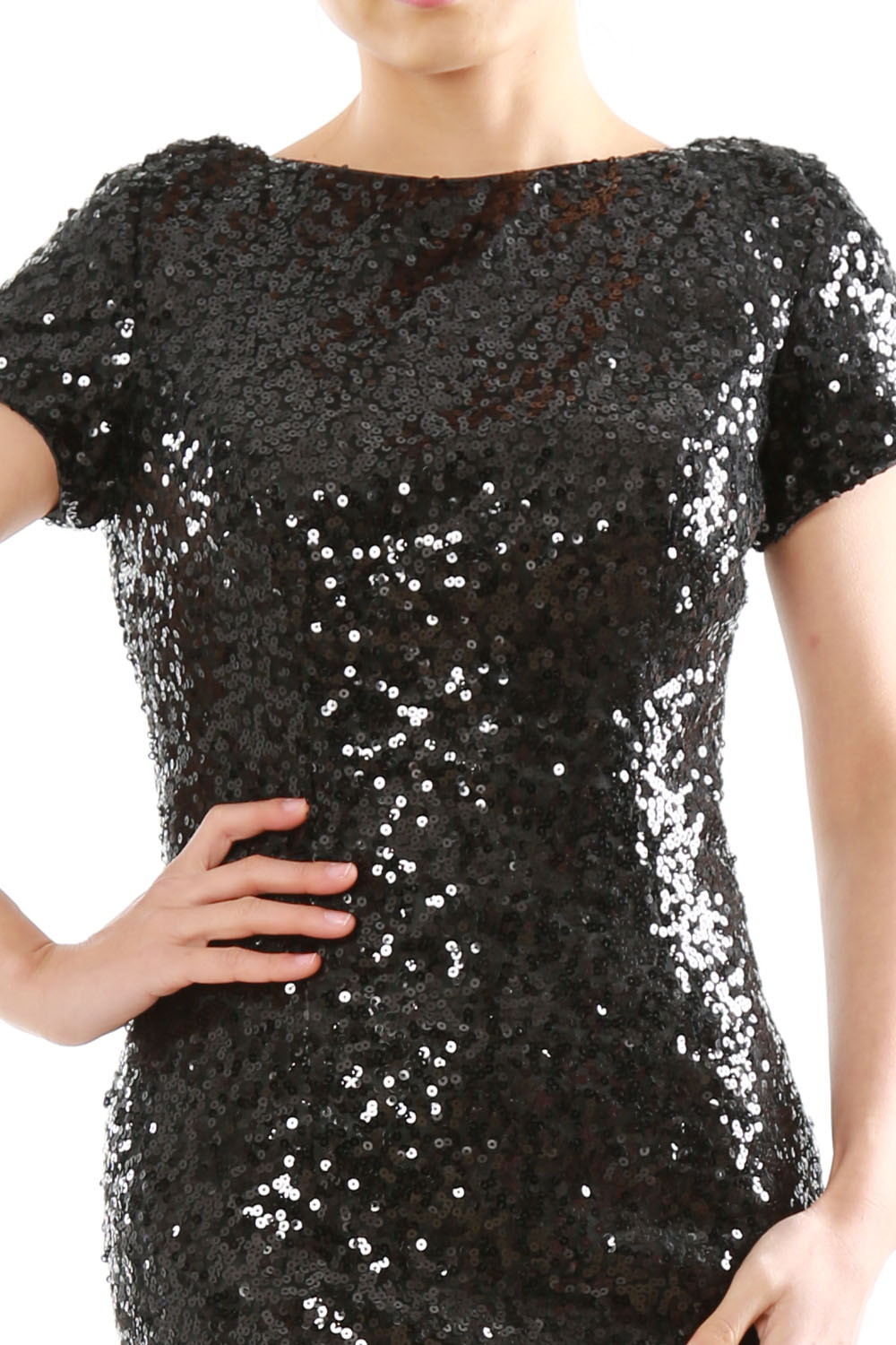 Vestido de noche formal de dama de honor largo con lentejuelas y mangas cortas de sirena de MACloth