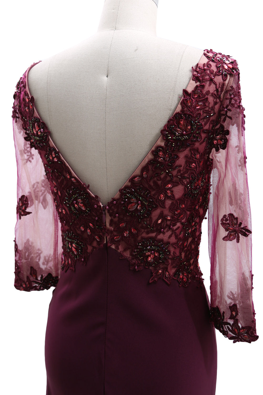 MACloth 3/4 Sleeves Illusion Lace Evening Gown V Neck Mother of the Bride Dress