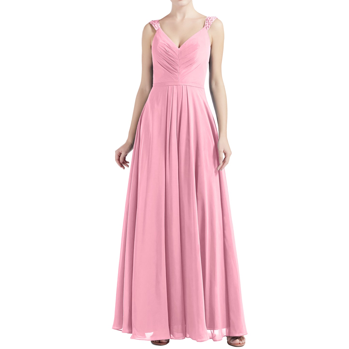 MACloth Women V Neck Lace Chiffon A Line Maxi Wedding Party Bridesmaid Dresses