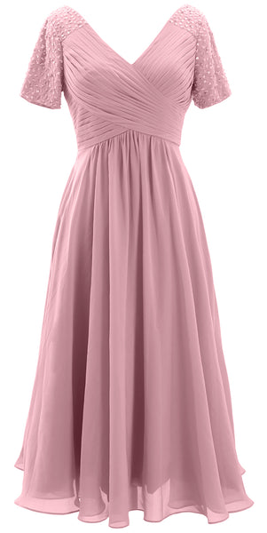 MACloth Women Midi Mother Bride Dresses Short Sleeves Wedding Guest Tea Length
