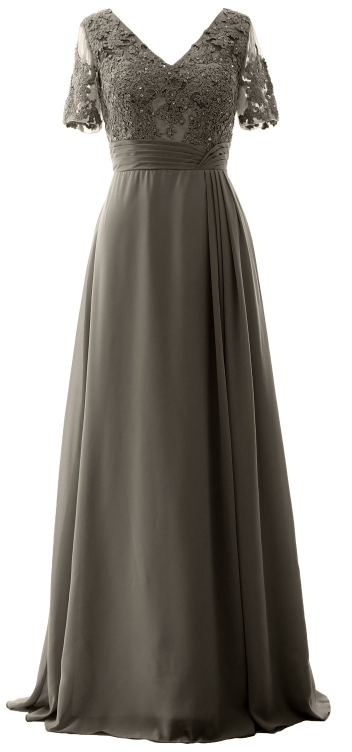 MACloth Women V Neck Long Mother of Bride Dresss Lace Evening Gown Short Sleeves