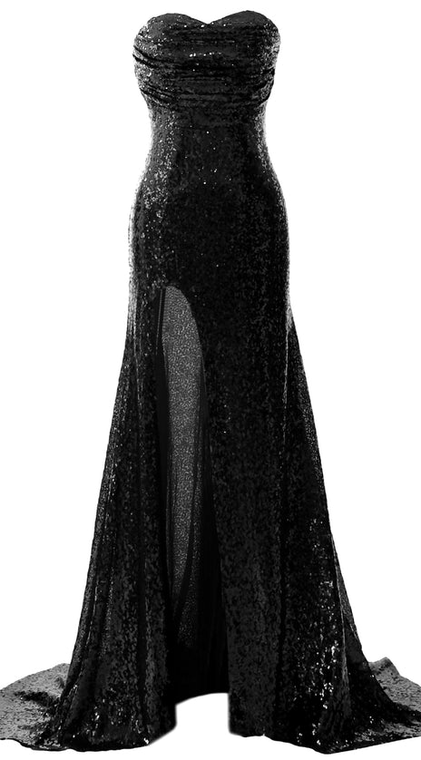MACloth Sequin Prom Dresses Mermaid Strapless Formal Evening Gown with Split