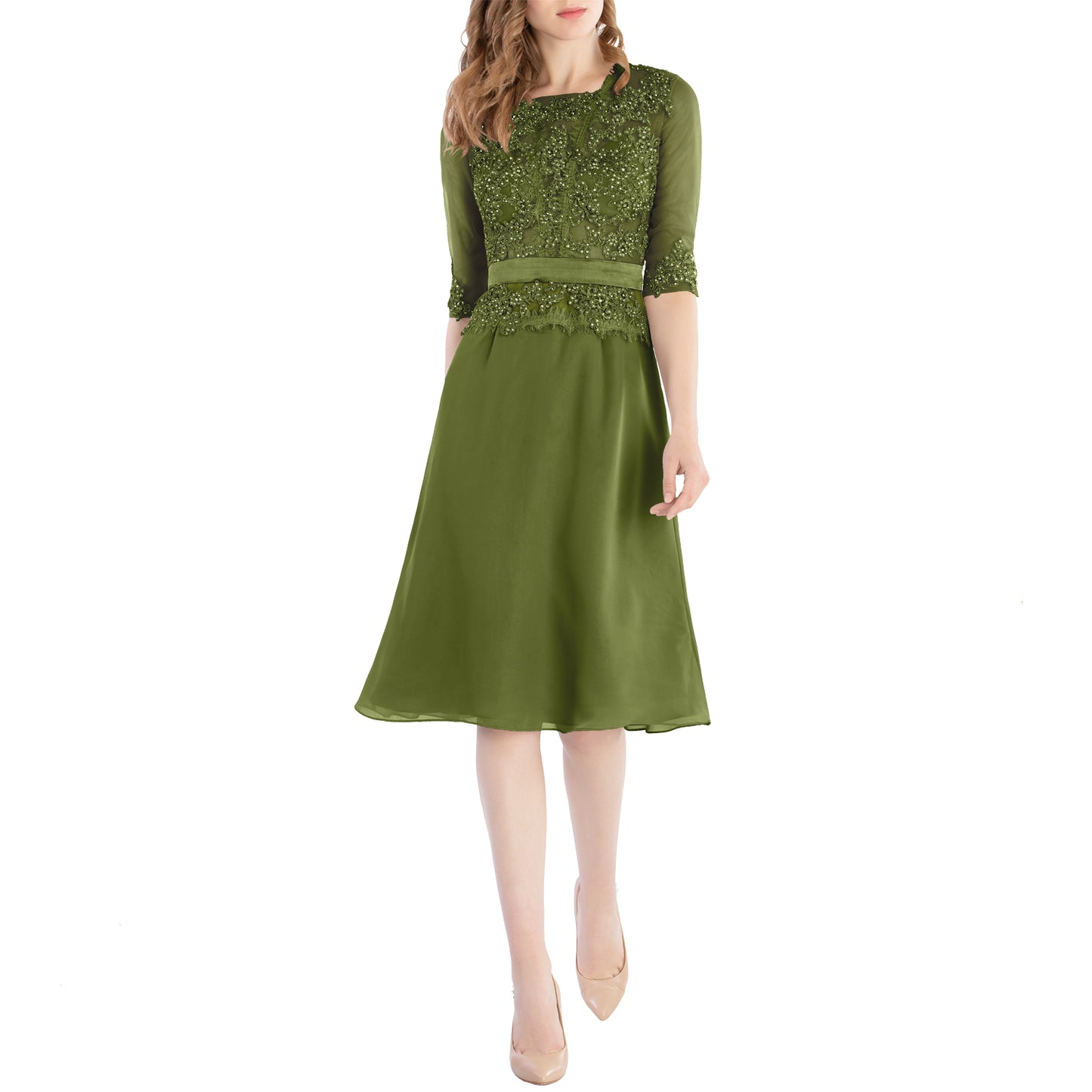 MACloth Damen-Kleid mit Rundhalsausschnitt, Perlenspitze, kurze Halbärmel, für die Brautmutter, Hochzeit, Brautparty