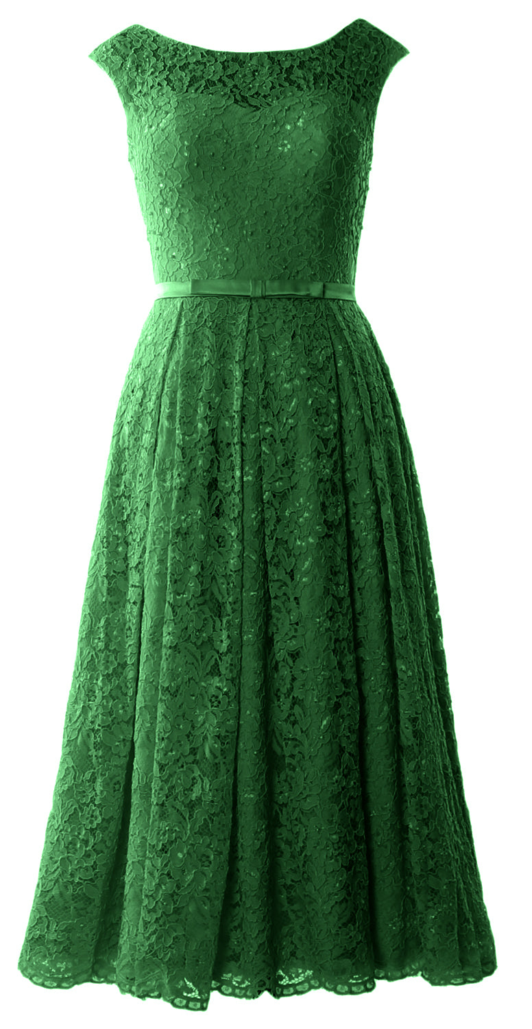 MACloth Women Tea Length Mother Bride Gown Dresses Cap Sleeve Lace Midi Corset