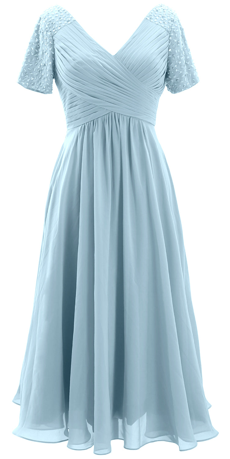 MACloth Women Midi Mother Bride Dresses Short Sleeves Wedding Guest Tea Length Sky Blue / Above Knee / Custom Size MACloth Women Midi Mother Bride Dresses Short Sleeves Wedding Guest Tea Length Sky Blue / Above Knee / Custom Size