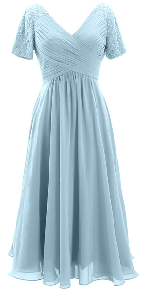 MACloth Women Midi Mother Bride Dresses Short Sleeves Wedding Guest Tea Length