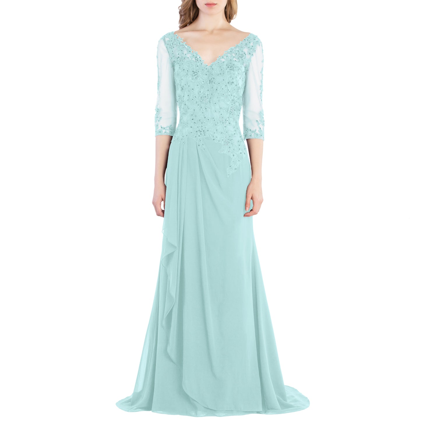 Vestido de novia largo de encaje con escote en V y mangas 3/4 de MACloth para madre de la novia y dama de honor