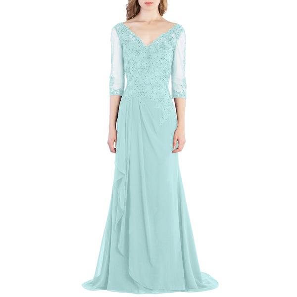 MACloth V Neck 3/4 Sleeve Lace Long Wedding Mother Bride Gown Bridesmaid Dresses