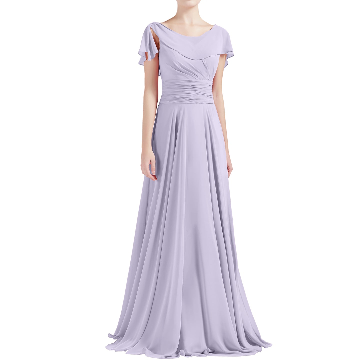 MACloth Damen O-Ausschnitt Rüschen Kurze Ärmel A-Linie Maxikleid Hochzeit Brautjungfernkleid