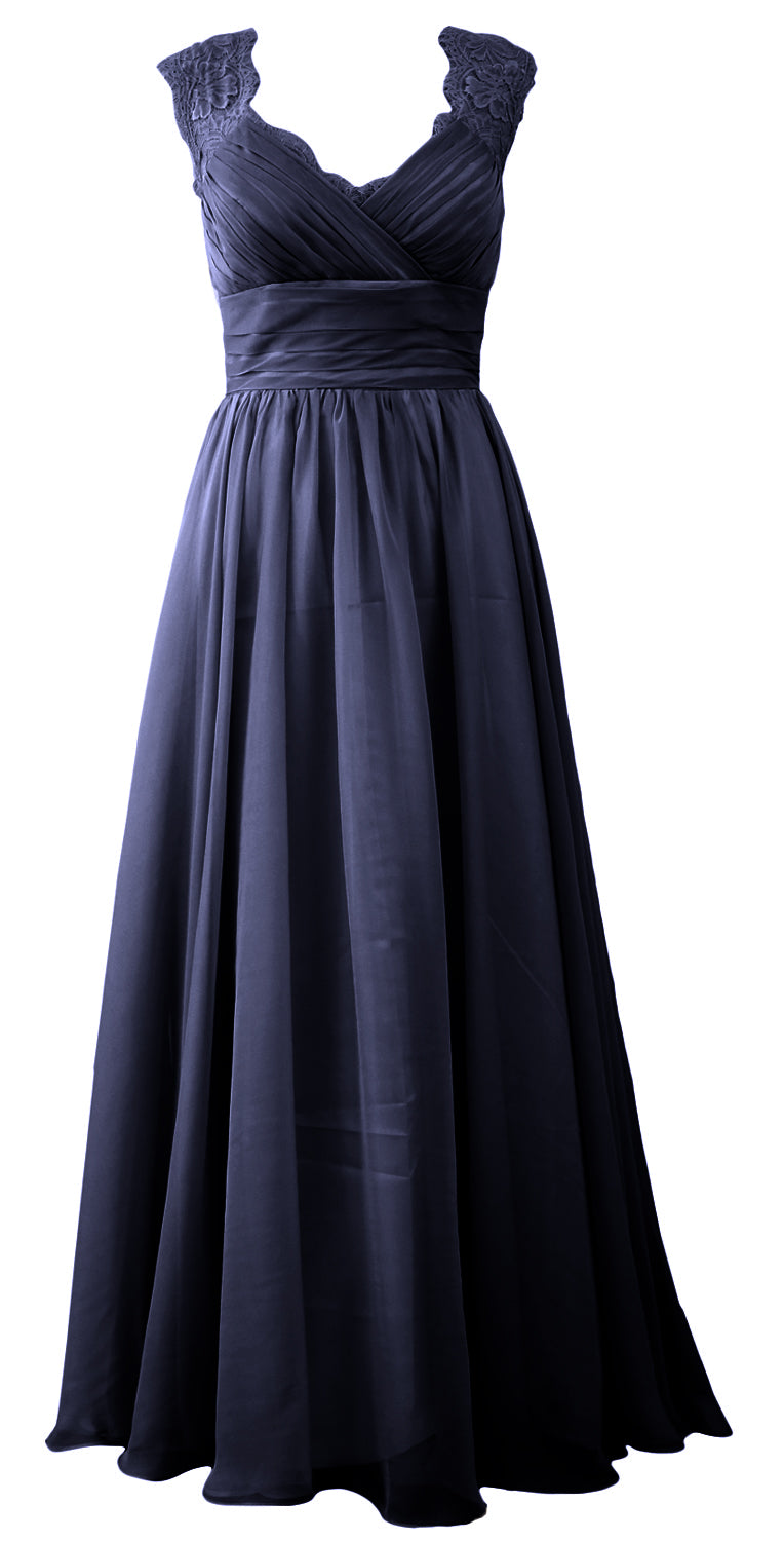 MACloth Women Vintage Long Bridesmaid Dress V Neck Lace Formal Evening Gown