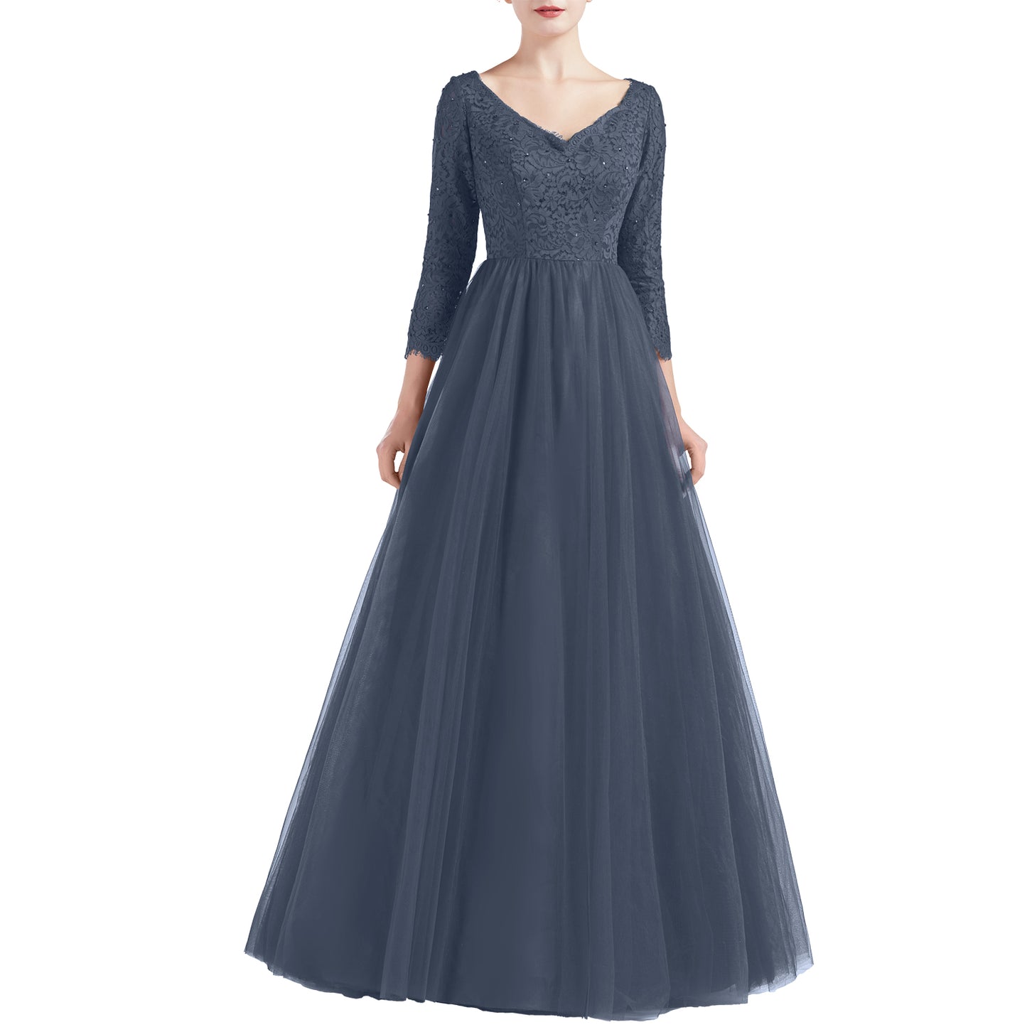 MACloth Women V Neck 3/4 Sleeve Long Tulle Prom Party Dresses Ball Gown Bridal