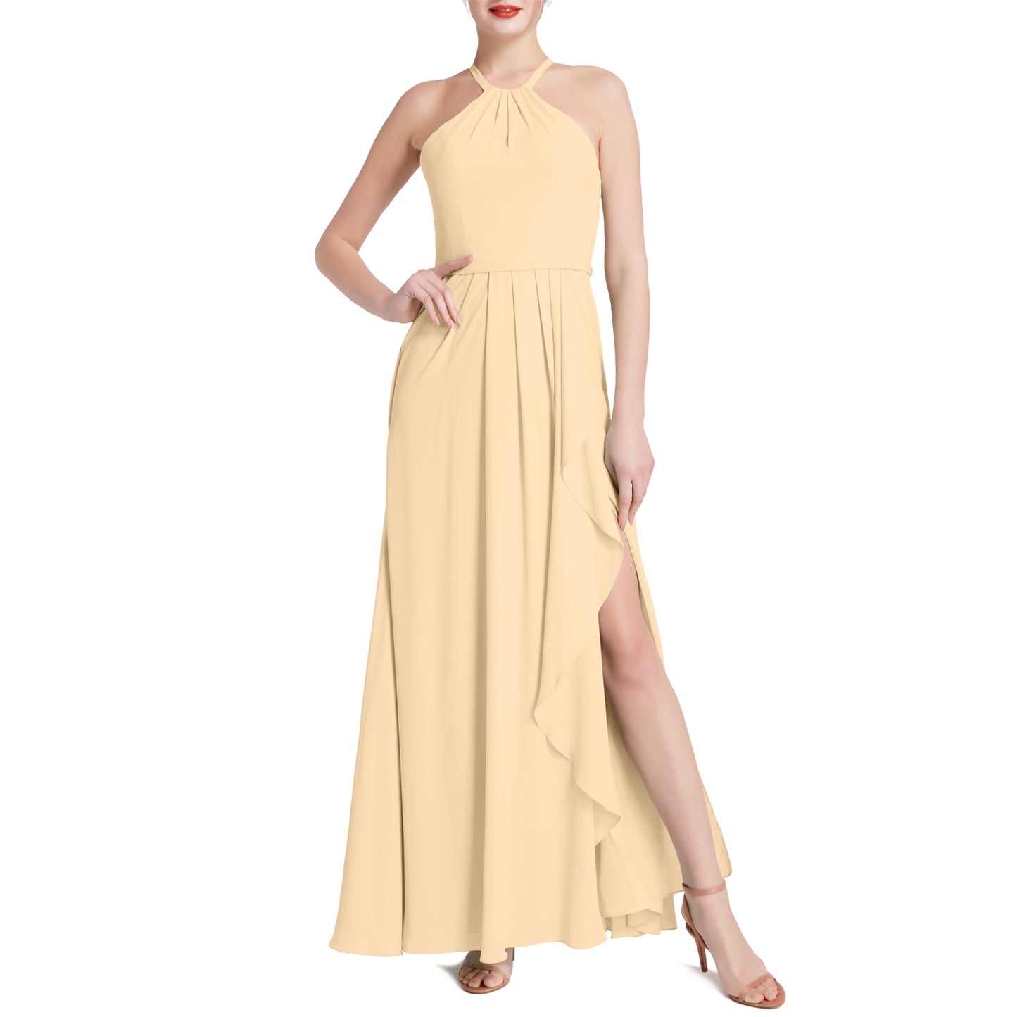MACloth Damen Neckholder Langes Maxikleid für Hochzeit, Party, Brautjungfern, mit drapiertem Schlitz