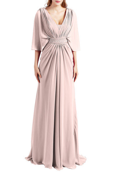 MACloth Women Elegant Long V Neck Mother of Bride Dresses Evening Gown Sleeves