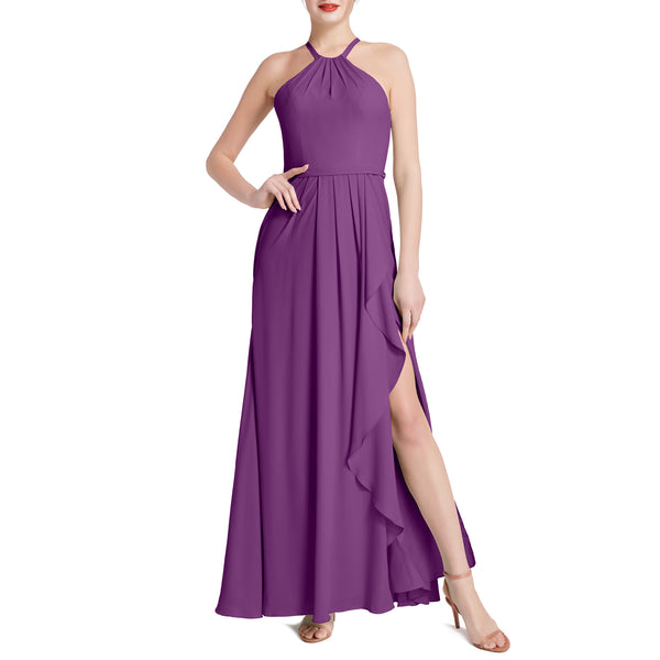 MACloth Women Halter Long Maxi Wedding Party Bridesmaid Dresses with Drape Slit
