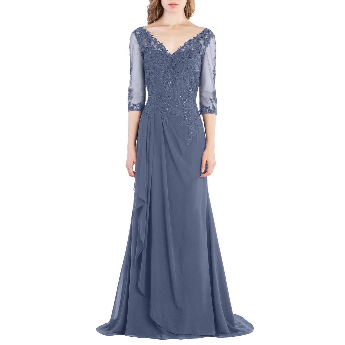 Vestido de novia largo de encaje con escote en V y mangas 3/4 de MACloth para madre de la novia y dama de honor