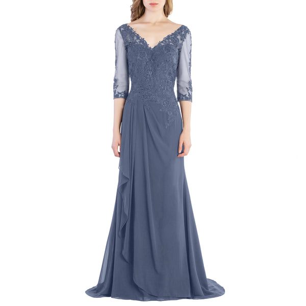 MACloth V Neck 3/4 Sleeve Lace Long Wedding Mother Bride Gown Bridesmaid Dresses