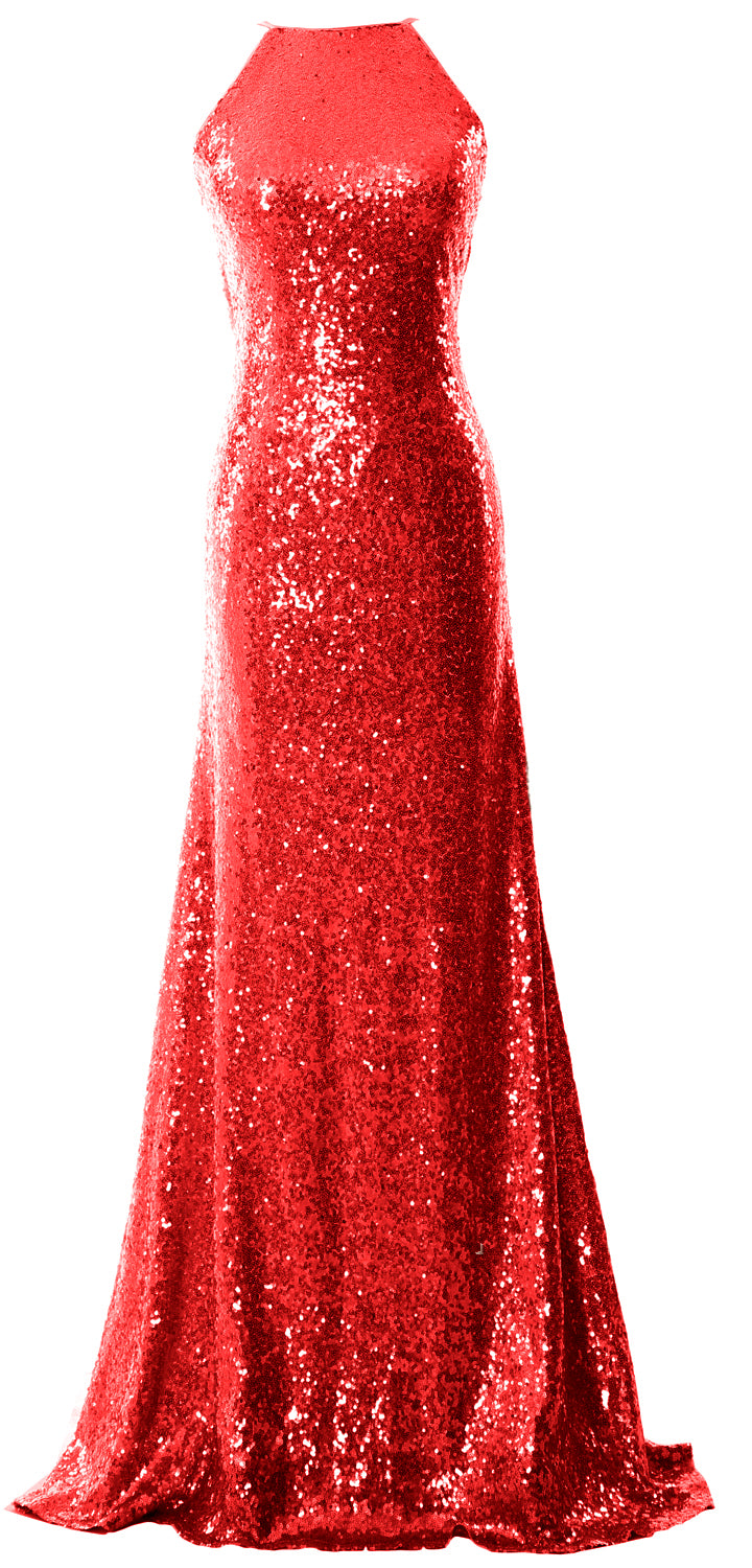MACloth Women Bridesmaid Dress Sequin Long Halter Cowlback Prom Ball Gown