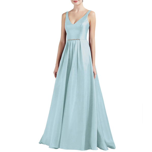 MACloth Women A Line V Neck Long Satin Prom Party Dresses Wedding Ball Gown