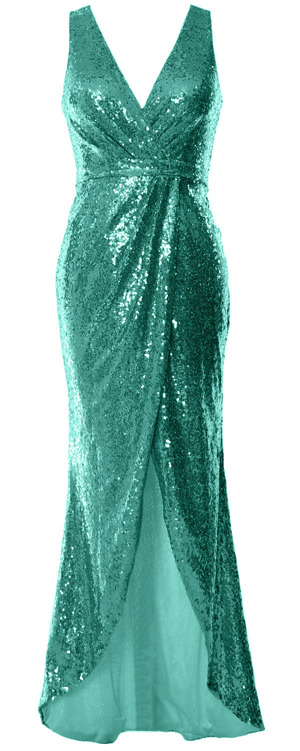 MACloth Women Sequin V Neck Wrap Long Bridesmaid Dresses Wedding Prom Gown
