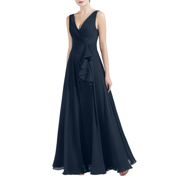 MACloth Women V Neck Long Pleated A Line Wedding Party Bridesmaid Dresses Slit