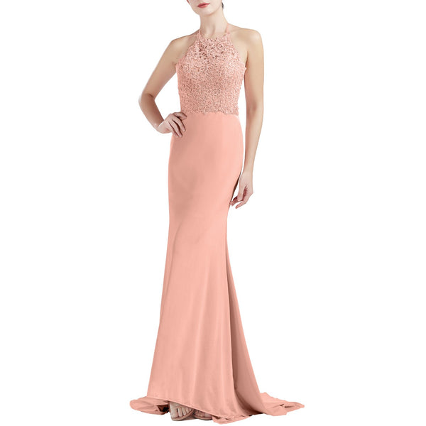 MACloth Women Sleeveless Halter Jersey Mermaid Long Prom Party Dresses Evening
