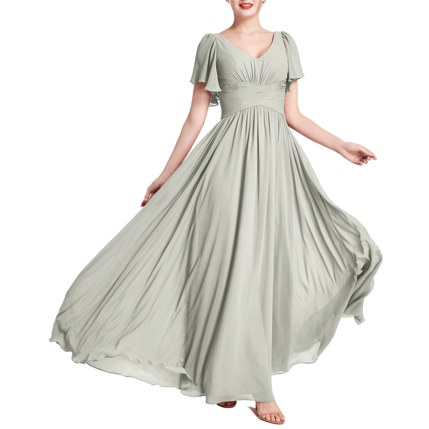 MACloth Vestidos de dama de honor románticos para fiesta de boda con cuello en V y manga corta para mujer