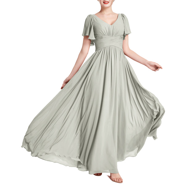 MACloth Women Short Sleeve V Neck Romantic Wedding Party Bridesmaid Dresses