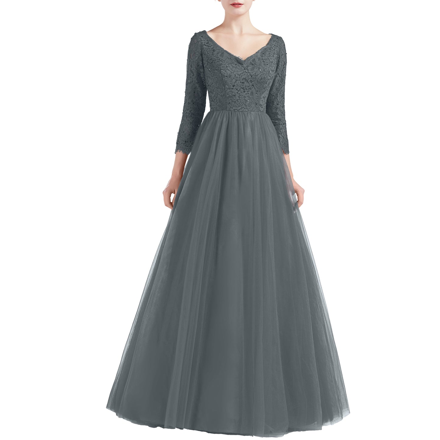 MACloth Women V Neck 3/4 Sleeve Long Tulle Prom Party Dresses Ball Gown Bridal