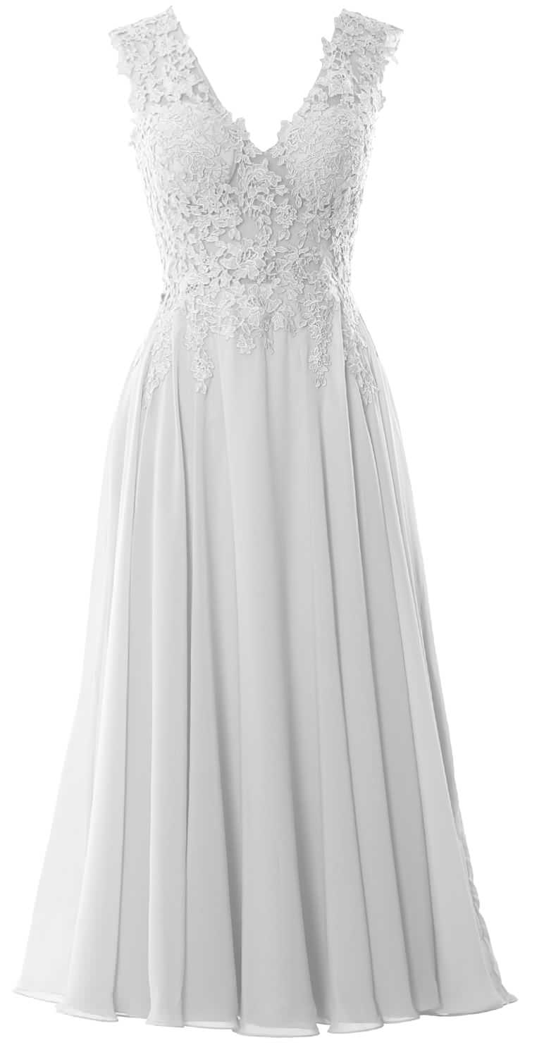MACloth Women V Neck Lace Mother Bride Dresses Midi Tea Length Wedding Dinner