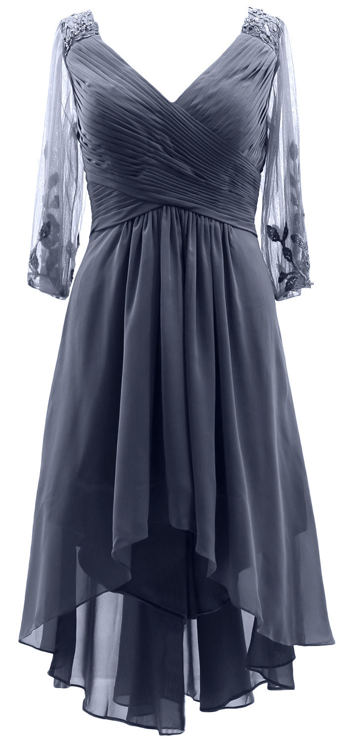MACloth Damen Abendkleid mit V-Ausschnitt, High Low, für die Brautmutter, mit Ärmeln