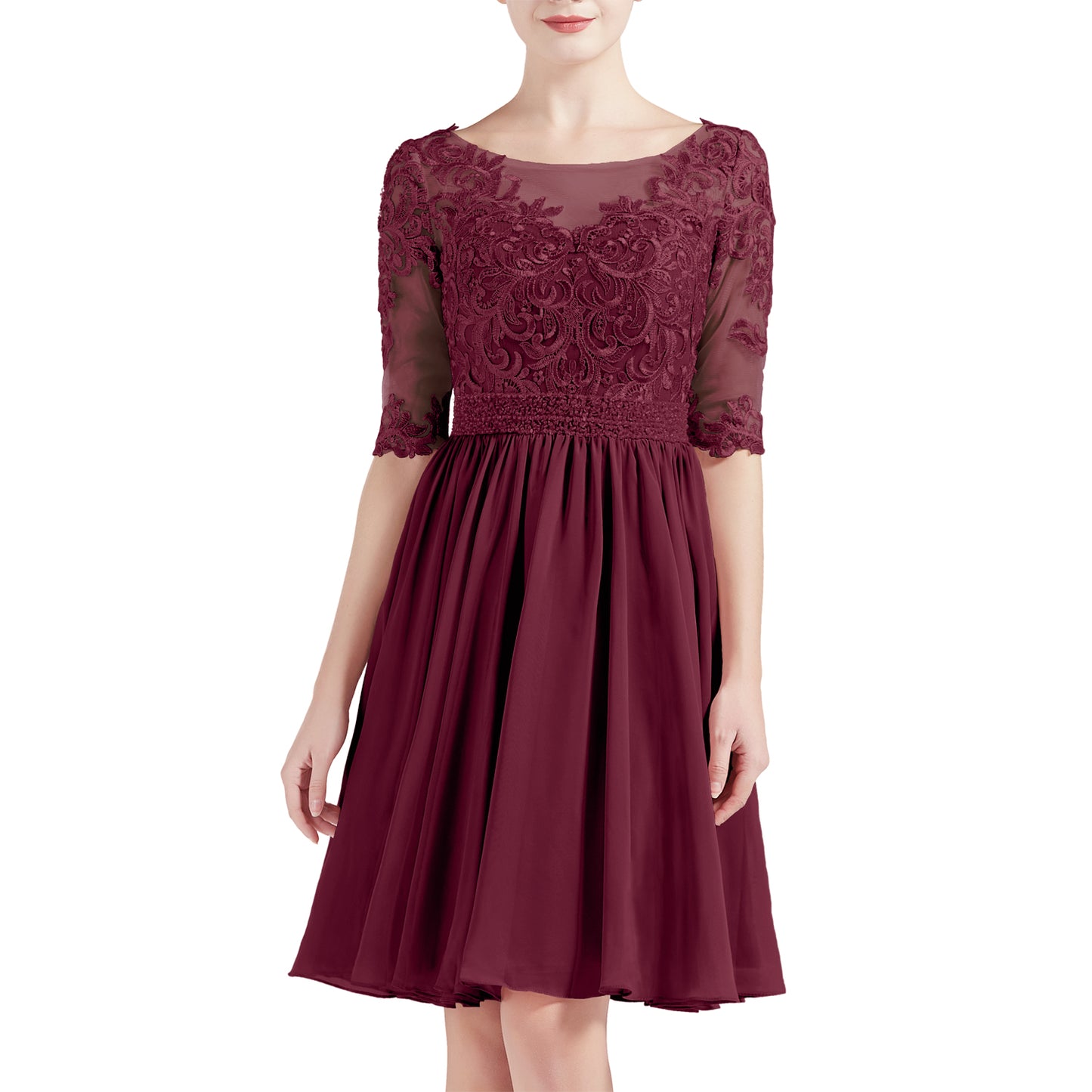 MACloth Women Half Sleeves Short Lace Beading Boat Neckline Mother of Bride Dresses Wedding Bridal Party