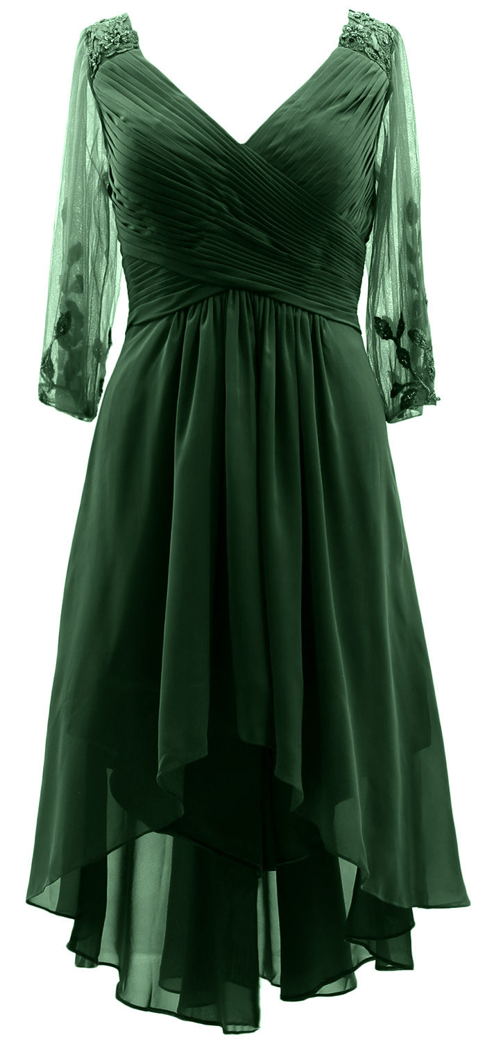 MACloth Damen Abendkleid mit V-Ausschnitt, High Low, für die Brautmutter, mit Ärmeln