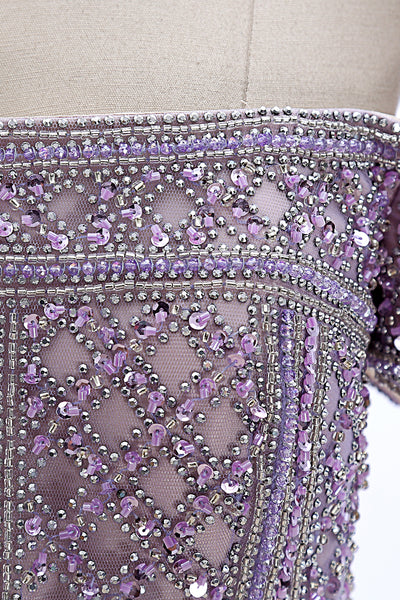 MACloth Women Off the Shoulder Beaded Long Prom Dress Short Sleeve Evening Gown