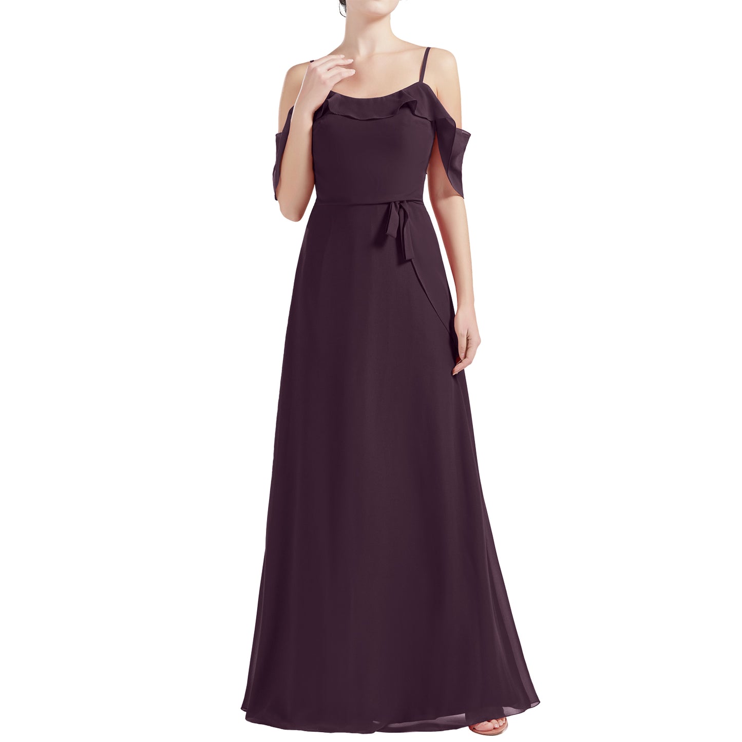 immediate delivery bridesmaid dresses Cold Shoulder Ruffle Sleeve V-Neck Formal Dress with Slit Ivory / 12 main image 0