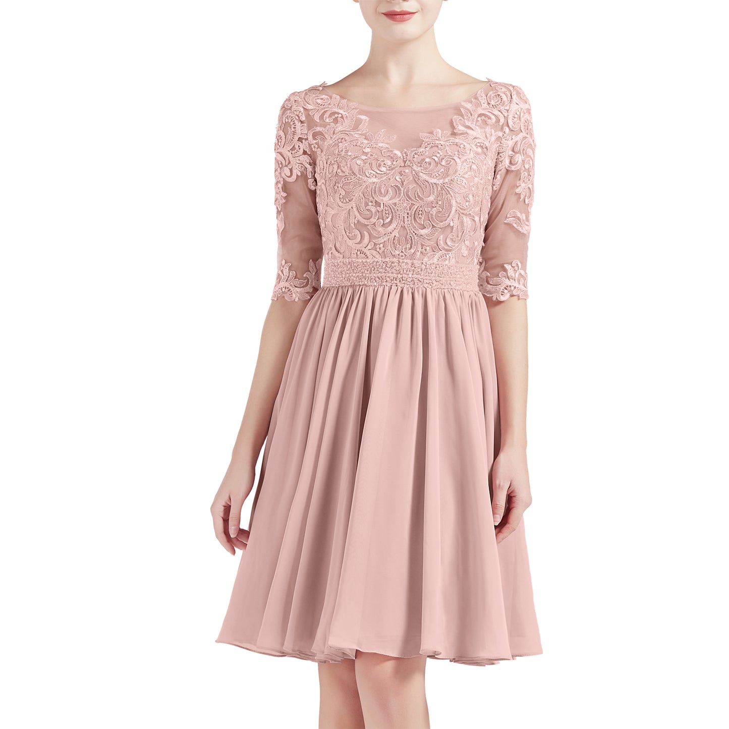 MACloth Women Half Sleeves Short Lace Beading Boat Neckline Mother of Bride Dresses Wedding Bridal Party