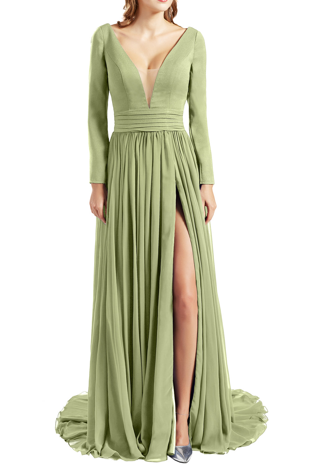 MACloth Women Plunging V Neck Long Sleeves Prom Dresses formal Evening Gown Slit