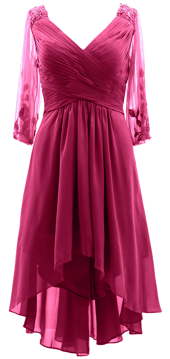MACloth Damen Abendkleid mit V-Ausschnitt, High Low, für die Brautmutter, mit Ärmeln